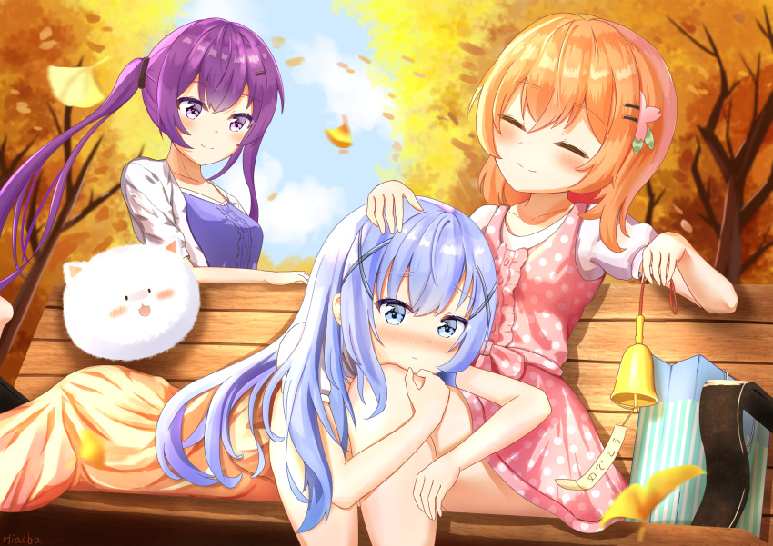 3girls absurdres autumn bag bell bench blazer blue_eyes blue_hair blush closed_eyes clouds commentary cross_hair_ornament day dress falling_leaves flower ginkgo gochuumon_wa_usagi_desu_ka? hair_flower hair_ornament hairclip hiaoba highres hoto_cocoa jacket kafuu_chino lap_pillow leaf long_hair medium_hair multiple_girls orange_hair outdoors petting purple_hair rabbit shopping_bag sitting_on_bench sky smile tedeza_rize tippy_(gochiusa) twintails violet_eyes yuri