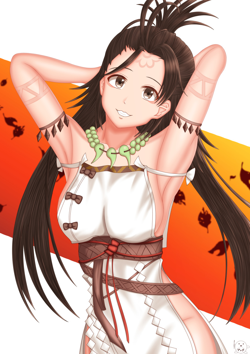 1girl absurdres armpits arms_behind_head body_markings breasts brown_eyes brown_hair commentary_request dress facial_mark fate/grand_order fate_(series) forehead_mark head_tilt highres himiko_(fate) huge_filesize large_breasts long_hair looking_at_viewer low_twintails magatama_necklace match_earhart no_panties side_slit sideboob sleeveless sleeveless_dress smile solo twintails