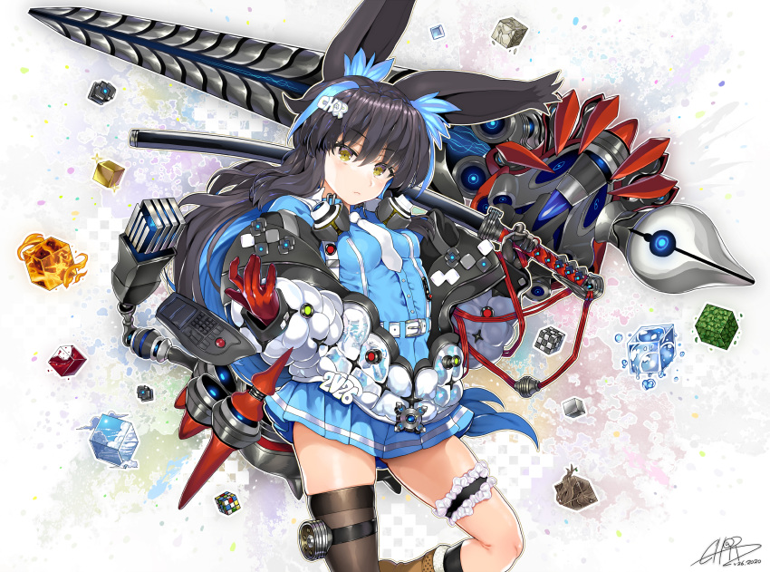 1girl animal_ears artist_name asymmetrical_legwear bangs belt black_hair black_legwear blue_dress blue_hair boots brown_footwear char closed_mouth coat cowboy_shot dated dress eyebrows_visible_through_hair frown garters gloves hair_ornament highres holding holding_sword holding_weapon huge_weapon katana leg_up long_hair long_sleeves looking_at_viewer mechanical_arm multicolored_hair necro-san off_shoulder original partially_unzipped pleated_dress red_gloves rigging scabbard sheath short_dress signature single_horizontal_stripe skindentation socks solo standing standing_on_one_leg sword thigh_strap two-tone_hair weapon white_belt white_coat yellow_eyes