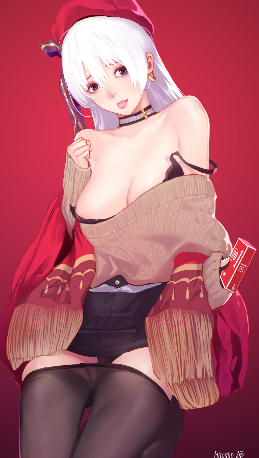 1girl absurdres azur_lane bare_shoulders belfast_(azur_lane) belfast_(shopping_with_the_head_maid)_(azur_lane) black_bra black_legwear black_skirt blue_eyes blue_ribbon bra breasts choker dated earrings gradient gradient_background hair_between_eyes hat highres holding hotumoyi jewelry large_breasts long_hair long_sleeves looking_at_viewer off-shoulder_sweater off_shoulder pantyhose red_background red_headwear ribbon signature skirt sleeves_past_wrists solo sweater tongue tongue_out underwear white_hair