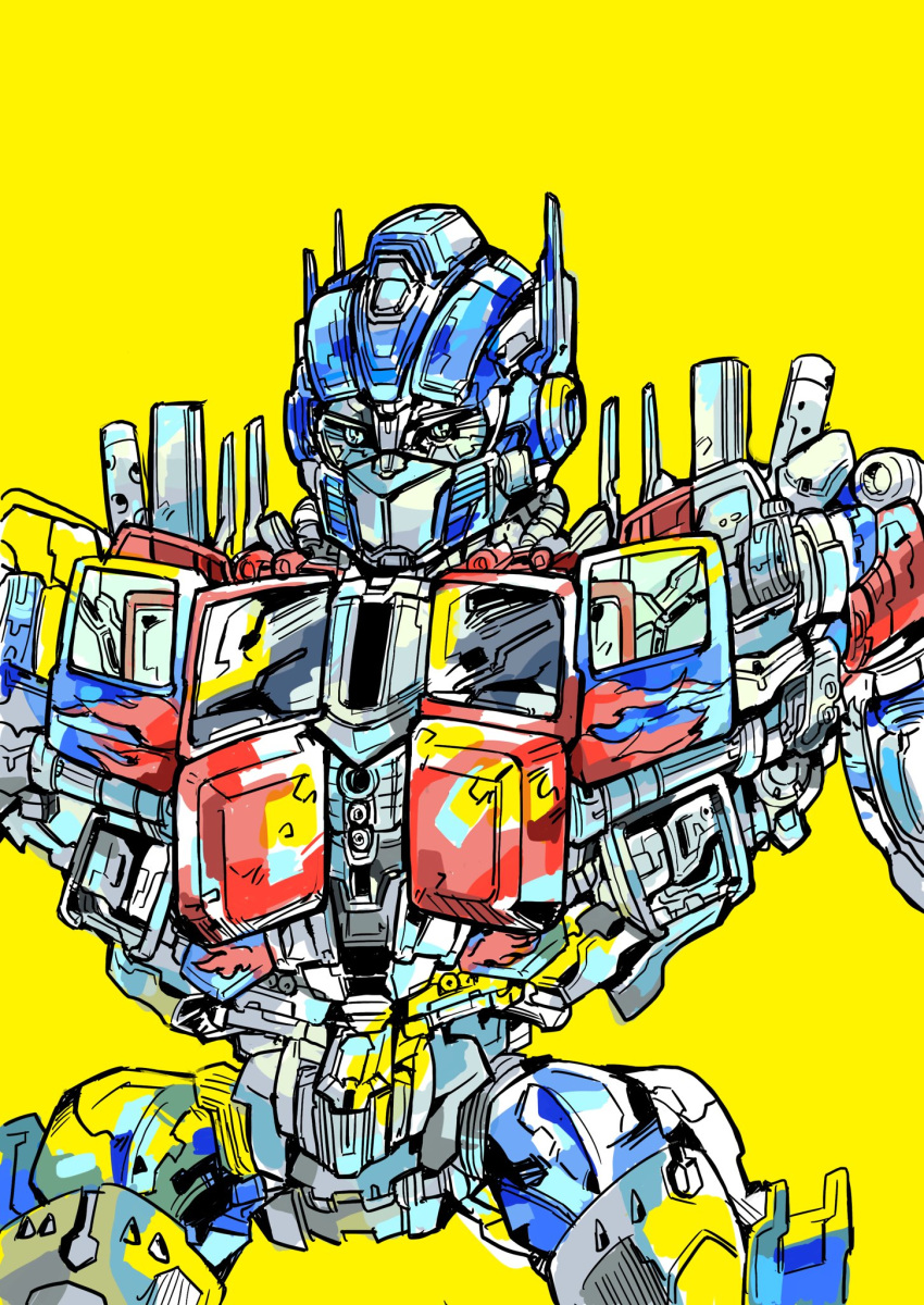 autobot blue_eyes close-up highres konachang looking_ahead mecha no_humans optimus_prime solo standing transformers transformers_(live_action) window yellow_background