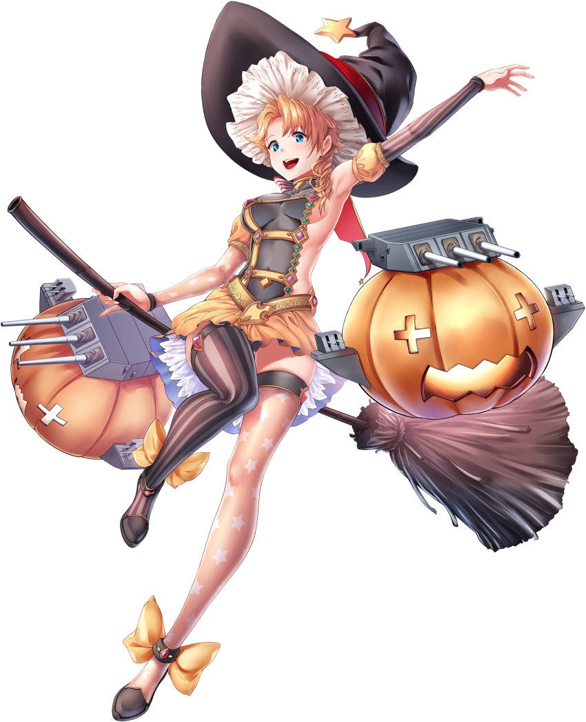 1girl ankle_bow arm_up artist_request bangs black_footwear black_headwear black_legwear blue_eyes blue_headwear blue_oath bow breasts broom broom_riding detached_sleeves full_body hair_over_shoulder halloween halloween_costume hat highres jack-o'-lantern large_breasts long_sleeves medium_hair mismatched_legwear north_carolina_(blue_oath) official_art open_mouth orange_hair orange_legwear orange_skirt rigging sandals sideboob skirt solo star_(symbol) star_print striped striped_legwear thigh-highs transparent_background witch_hat