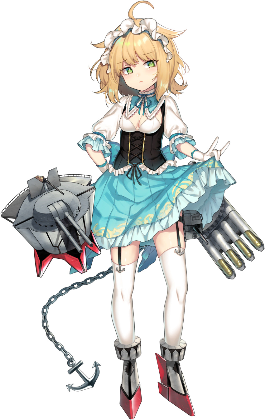 1girl ahoge anchor bangs blonde_hair blue_oath blue_skirt blush breasts cannon chain closed_mouth corset eyebrows_visible_through_hair garter_straps gloves green_eyes grey_footwear hair_flaps highres itamidome medium_breasts official_art pleated_skirt puffy_short_sleeves puffy_sleeves rigging rudder_footwear savage_(blue_oath) shirt short_sleeves skirt skirt_hold solo thigh-highs torpedo transparent_background turret white_gloves white_legwear white_shirt