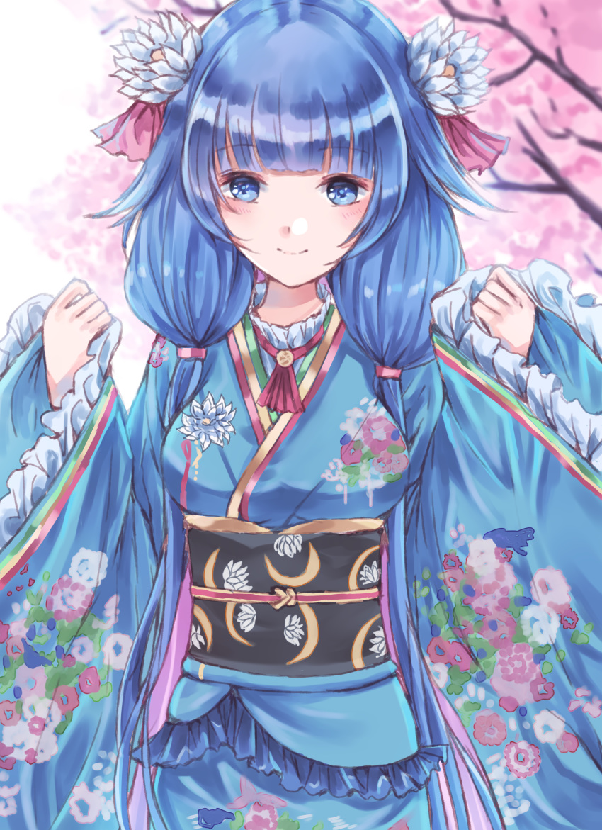 1girl absurdres blue_eyes blue_hair blue_kimono blush breasts cherry_blossoms flower hair_flower hair_ornament hair_tie highres japanese_clothes kimono large_breasts long_hair looking_at_viewer namamake shironeko_project sidelocks smile solo standing towa_(evenicle) towa_(shironeko_project) twintails