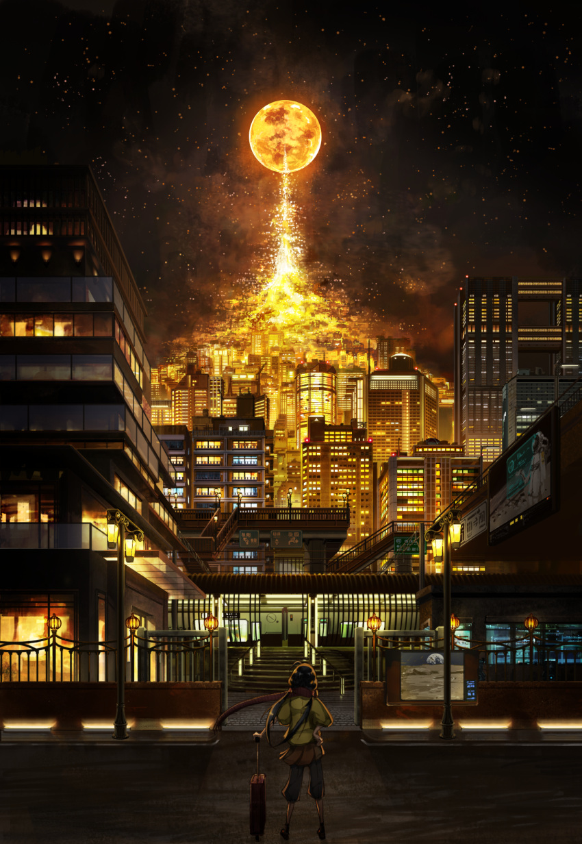 1girl building city full_moon highres lamppost luggage moon night night_sky original outdoors poster_(object) scenery shjjy296 sky solo stairs standing