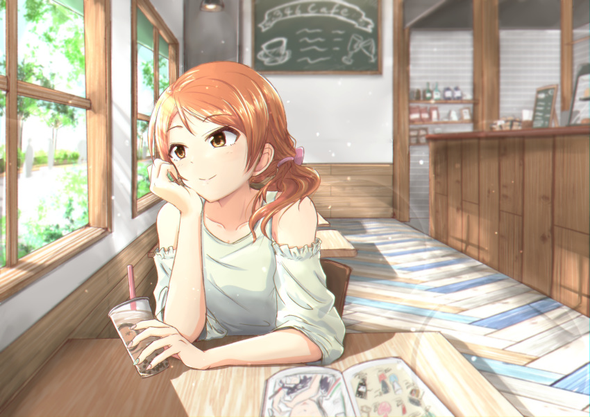 1girl absurdres book brown_eyes brown_hair cafe closed_mouth clothing_cutout collarbone cyde drinking_straw eyebrows_visible_through_hair hair_over_shoulder head_rest highres holding houjou_karen idolmaster idolmaster_cinderella_girls indoors lens_flare long_hair open_book shiny shiny_hair shirt shoulder_cutout sitting smile solo upper_body white_shirt