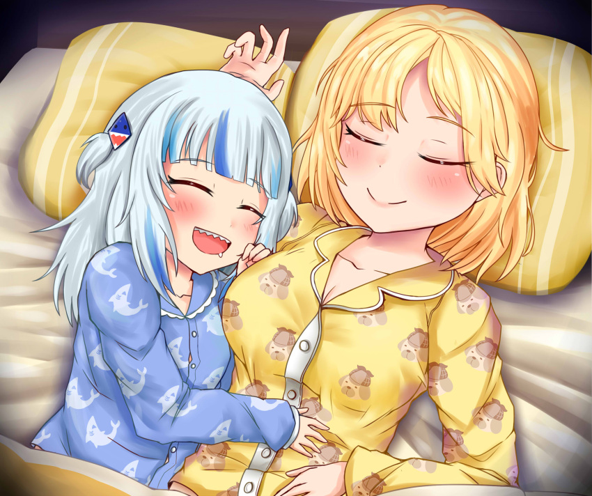 2girls blonde_hair blue_hair blush breasts eyebrows_visible_through_hair gawr_gura hair_ornament highres hololive hololive_english holomyth hug huge_breasts multiple_girls open_mouth pajamas sharp_teeth sleeping sleepover smile teeth virtual_youtuber watson_amelia