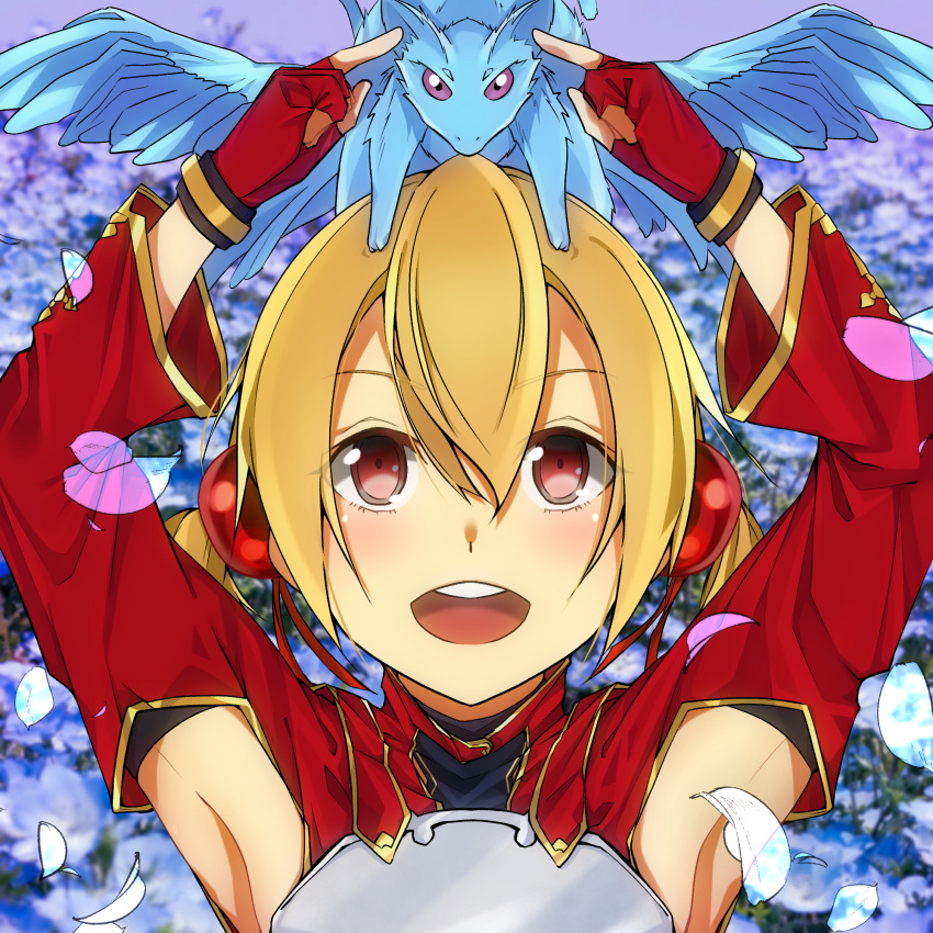1girl :d animal_on_head armpit_cutout armpits bangs blonde_hair blurry blurry_background breastplate clothing_cutout fingerless_gloves gloves hair_between_eyes hair_ornament hair_ribbon highres looking_at_viewer looking_up official_style on_head open_mouth petals pina_(sao) portrait red_eyes red_gloves red_ribbon ribbon sarasara_shoyu short_hair silica smile sword_art_online violet_eyes