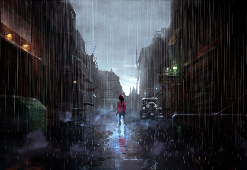 androgynous building car day dumpster glowing glowing_eye ground_vehicle holding holding_knife jacket knife motor_vehicle original outdoors puddle rain red_eyes red_hood red_jacket reflection scenery shjjy296 standing