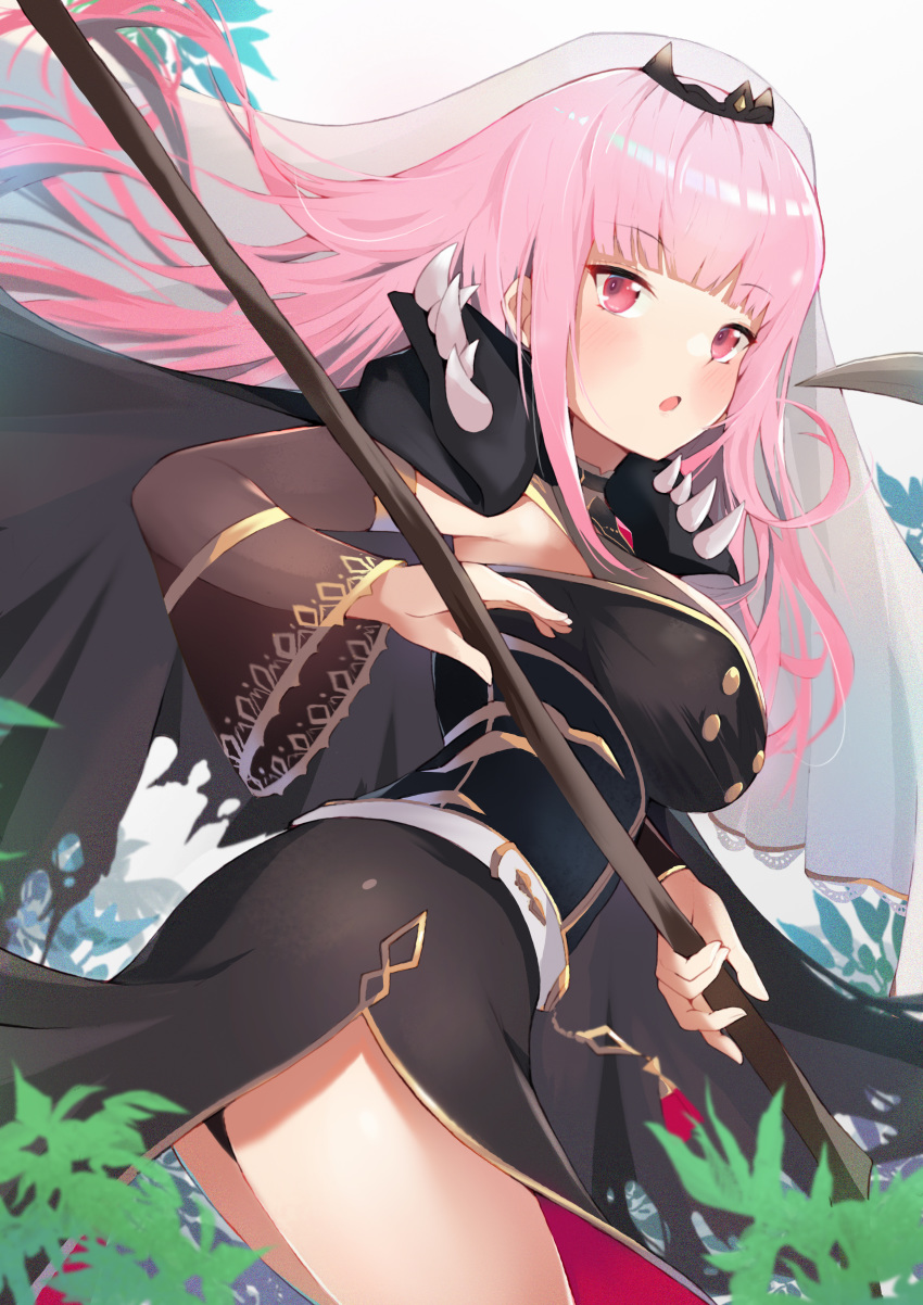 1girl :o absurdres bangs black_dress blunt_bangs blush breasts cape cowboy_shot detached_sleeves dress eyebrows_visible_through_hair highres holding holding_weapon hololive hololive_english kobi_(piliheros2000) large_breasts long_dress long_hair looking_at_viewer mori_calliope open_mouth pink_hair red_eyes scythe side_slit solo spikes surprised tiara veil virtual_youtuber weapon wide_sleeves