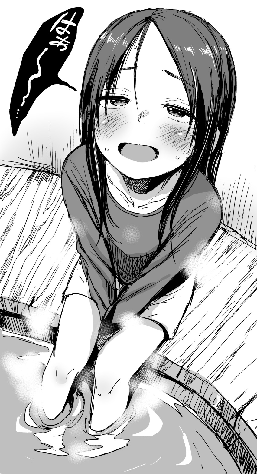 1girl :d absurdres bangs between_legs blush collarbone commentary_request eyebrows_visible_through_hair foot_bath forehead from_above greyscale hand_between_legs highres long_sleeves looking_up monochrome open_mouth original parted_bangs shirt short_shorts shorts sitting smile soaking_feet solo steam sweat translation_request water yamamoto_souichirou
