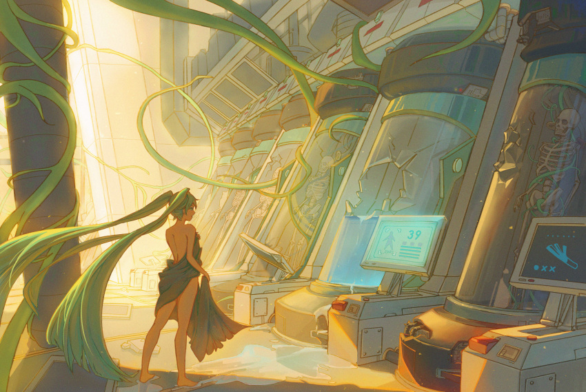 1girl absurdly_long_hair absurdres barefoot bed_sheet broken_glass commentary day factory floating_hair glass green_hair hatsune_miku highres indoors laboratory liquid long_hair monitor mori_(user_gdnz7828) naked_sheet open_mouth overgrown plant profile science_fiction skeleton solo spring_onion standing stasis_tank twintails very_long_hair vines vocaloid