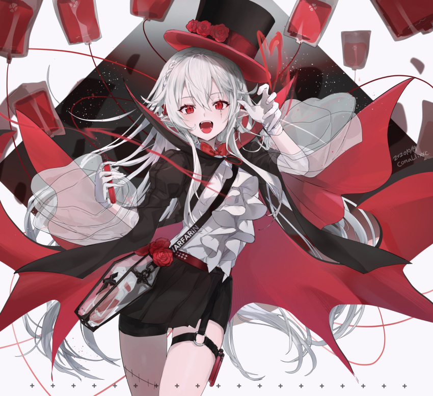 1girl :d alternate_costume arknights bangs bare_shoulders belt black_skirt blood blood_bag braid breasts cape conallixxc crown_braid fangs frilled_shirt frills garter_straps gloves hair_between_eyes hat highres holding juliet_sleeves long_hair long_sleeves looking_at_viewer open_mouth pale_skin pleated_skirt pointy_ears puffy_sleeves red_eyes scar scar_across_eye shirt skirt smile solo thigh_strap thighs vampire very_long_hair vial warfarin_(arknights) white_hair