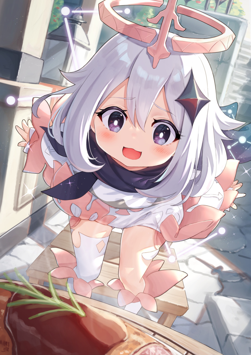 1girl black_scarf blue_eyes blush bodysuit commentary_request genshin_impact hair_ornament hairclip halo highres leaning_forward open_mouth paimon_(genshin_impact) scarf short_hair short_shorts shorts silver_hair single_thighhigh smile solo thigh-highs tsukiman white_bodysuit white_legwear
