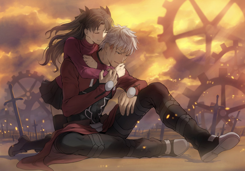 1boy 1girl archer arm_rest armor bangs black_hair black_legwear black_pants black_ribbon black_skirt blood blood_on_face brown_eyes brown_footwear brown_hair closed_eyes clouds cloudy_sky commentary_request dark_skin dark_skinned_male evening eyelashes fate/stay_night fate_(series) field_of_blades frown gears hair_ribbon half-closed_eyes highres holding_another's_arm hug hug_from_behind knee_up light_rays loafers long_hair long_sleeves mondi_hl pants parted_bangs parted_lips planted_sword planted_weapon pleated_skirt red_sleeves red_sweater ribbon sad_smile scrape shoes sitting_on_ground skirt sky smile sparks sweater sword teardrop tearing_up thigh-highs tohsaka_rin too_many_weapons two_side_up unlimited_blade_works waist_cape weapon white_hair zettai_ryouiki