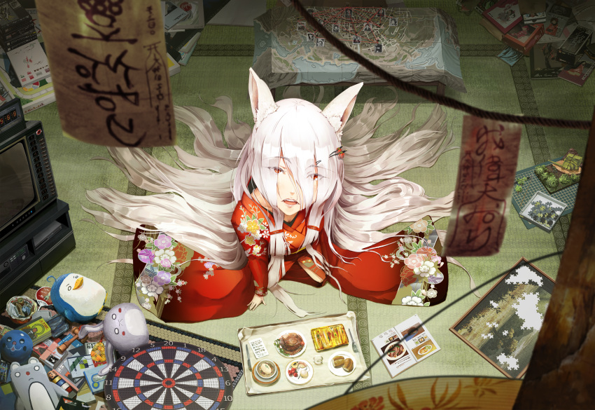 1girl :o animal_ears dartboard eyes_visible_through_hair food fox_ears hair_between_eyes hair_ornament hair_over_one_eye hairclip highres indoors japanese_clothes kimono long_hair looking_at_viewer map original puzzle red_kimono scenery shjjy296 sidelocks solo stuffed_animal stuffed_penguin stuffed_toy television toy very_long_hair white_hair