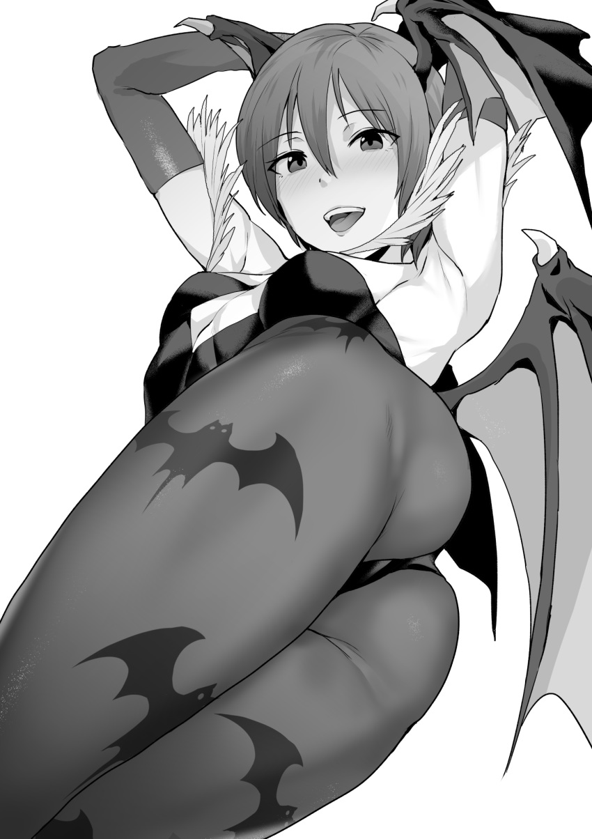 1girl animal_print armpits ass bangs bare_shoulders bat_print bat_wings blush breasts demon_girl head_wings highres lilith_aensland looking_at_viewer messatsu_tan monochrome open_mouth print_legwear short_hair simple_background small_breasts smile succubus thighs vampire_(game) white_background wings