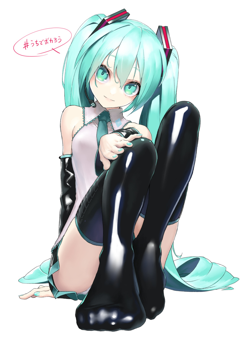 1girl aqua_hair aqua_nails aqua_neckwear arm_support armpit_crease black_legwear black_skirt breasts closed_mouth collared_shirt detached_sleeves eyelashes feet fingernails full_body green_eyes hair_between_eyes hand_on_own_knee happy hatsune_miku head_tilt headset highres legs_together light_smile lips long_hair looking_at_viewer microphone necktie no_shoes pleated_skirt rsk_(tbhono) shiny shiny_clothes shiny_legwear shiny_skin shirt simple_background sitting skindentation skirt sleeveless sleeveless_shirt small_breasts solo speech_bubble tareme thigh-highs thighs toes translation_request twintails vocaloid white_background white_shirt