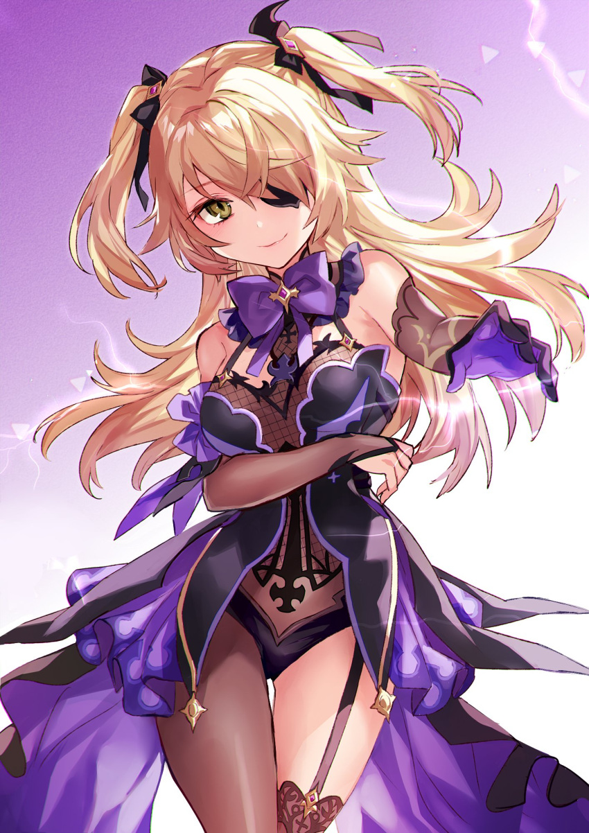 1girl bare_shoulders black_legwear blonde_hair blush bodystocking bow breasts bridal_gauntlets dress eyepatch fischl_(genshin_impact) garter_straps genshin_impact gloves green_eyes hair_ornament hair_over_one_eye hair_ribbon highres long_hair looking_at_viewer outstretched_arm ribbon single_thighhigh small_breasts smile solo thigh-highs two_side_up wind yuzuki_karu