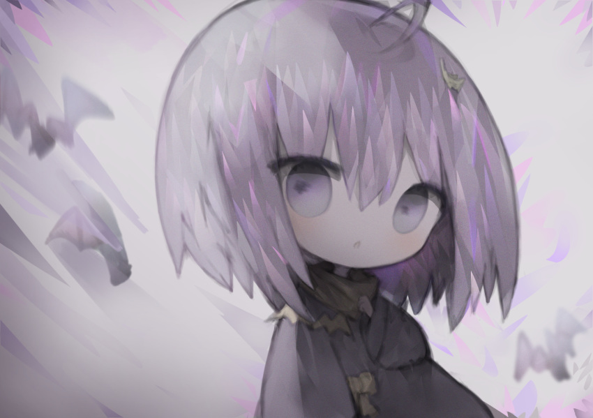 1girl ahoge animal bangs bat black_robe brown_scarf chibi commentary_request cottontailtokki eyebrows_visible_through_hair hair_between_eyes hair_ornament hand_up long_sleeves looking_at_viewer parted_lips purple_hair robe scarf shadowverse shingeki_no_bahamut solo spinaria_(shingeki_no_bahamut) upper_body violet_eyes wide_sleeves