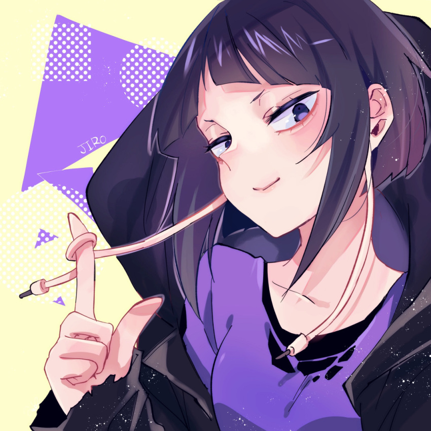 1girl :&gt; anoko_(darenokoanoko) audio_jack bangs black_shirt blunt_bangs boku_no_hero_academia brown_background character_name collarbone commentary_request hand_up hood hooded_jacket index_finger_raised jacket jirou_kyouka long_earlobes long_sleeves looking_at_viewer purple_background purple_shirt shirt short_hair sidelocks smile solo torn_clothes torn_jacket torn_shirt violet_eyes