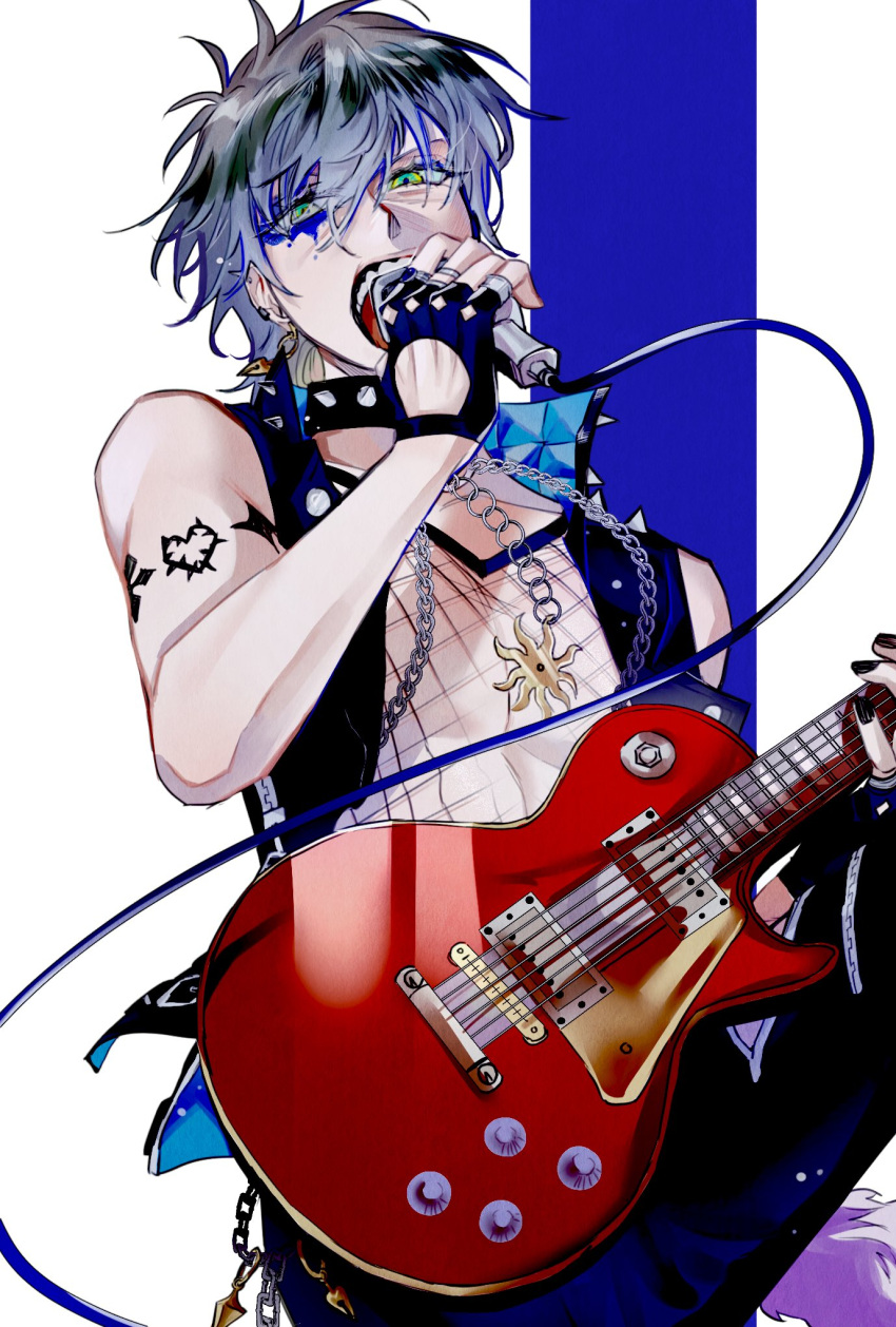 1boy abulaba arm_tattoo black_lips black_vest blue_background blue_eyeshadow blue_hair brown_hair collar commentary earrings electric_guitar english_commentary eyeshadow fingerless_gloves gloves green_eyes guitar highres holding holding_instrument holding_microphone ike_eveland instrument jewelry looking_at_viewer makeup male_focus microphone multicolored_hair music nijisanji nijisanji_en open_mouth original playing_instrument popped_collar simple_background solo spiked_collar spikes tail tattoo teeth vest virtual_youtuber white_background