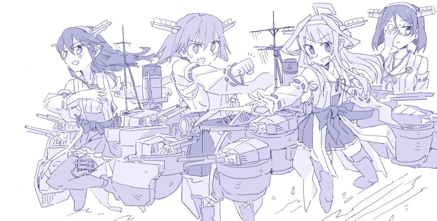 4girls adjusting_eyewear ahoge bare_shoulders boots clenched_hand detached_sleeves double_bun frilled_skirt frills funnels glasses greyscale hair_ornament hairband hairclip hakama_skirt haruna_(kantai_collection) headgear hiei_(kantai_collection) japanese_clothes juraki_hakuaki kantai_collection kirishima_(kantai_collection) kongou_(kantai_collection) long_hair monochrome multiple_girls nontraditional_miko open_mouth pleated_skirt remodel_(kantai_collection) ribbon-trimmed_sleeves ribbon_trim rigging short_hair skirt thigh-highs thigh_boots turret wide_sleeves