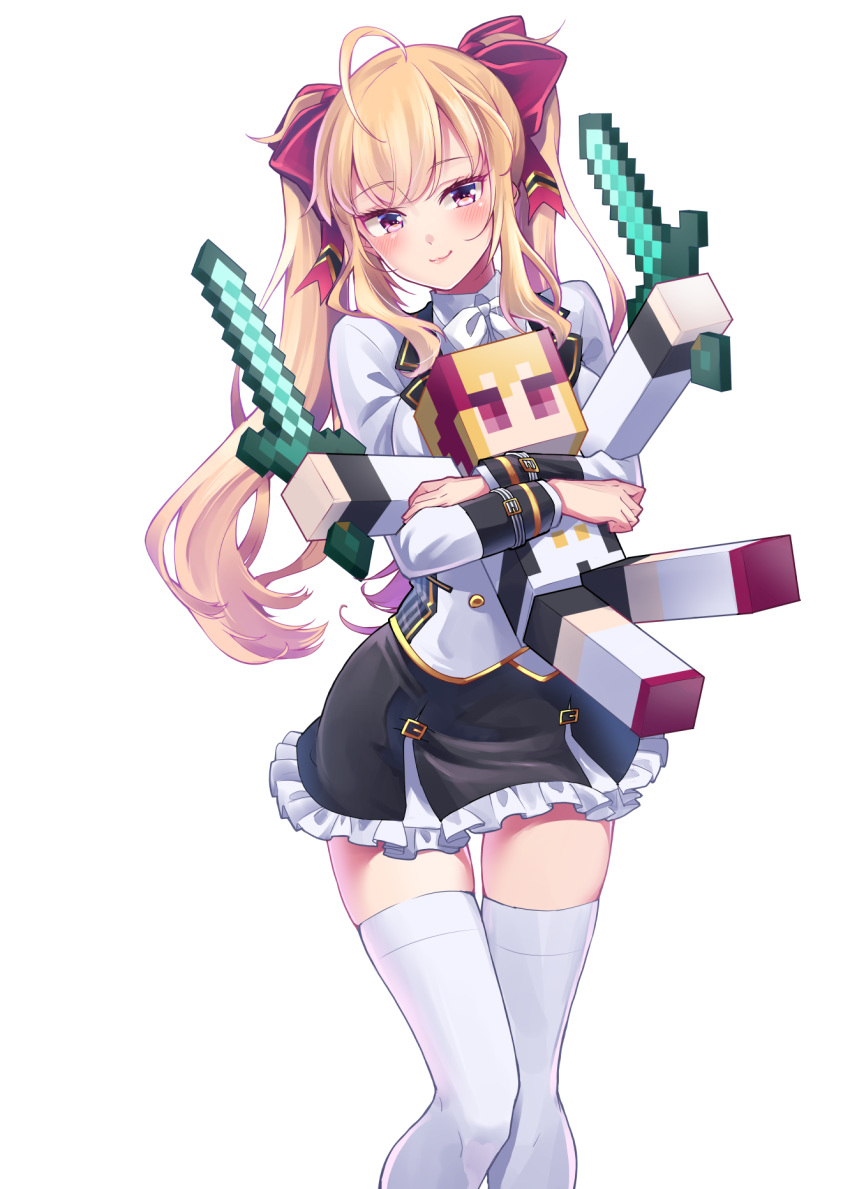 1girl ahoge blonde_hair blush bow commentary_request diamond_sword dual_wielding eyebrows_visible_through_hair feet_out_of_frame hair_between_eyes hair_bow hakkaku_shikimi highres holding holding_sword holding_weapon long_hair long_sleeves looking_at_viewer minecraft miniskirt nijisanji school_uniform simple_background skirt smile solo standing sword takamiya_rion thigh-highs twintails virtual_youtuber weapon white_background zettai_ryouiki