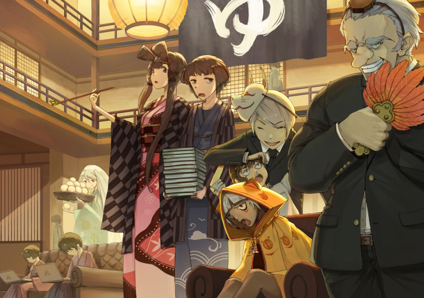 5boys 5girls :d :o animal_hood baozi black_hair black_pants blue_kimono brown_hair coat computer couch fantasy food formal fox_mask frown grey_hair highres hood horns indoors japanese_clothes kimono kiseru lantern laptop mask mask_on_head multiple_boys multiple_girls old_man open_mouth original pants paper_lantern pink_kimono pipe shjjy296 short_hair sitting smile standing suit tengu yellow_coat youkai