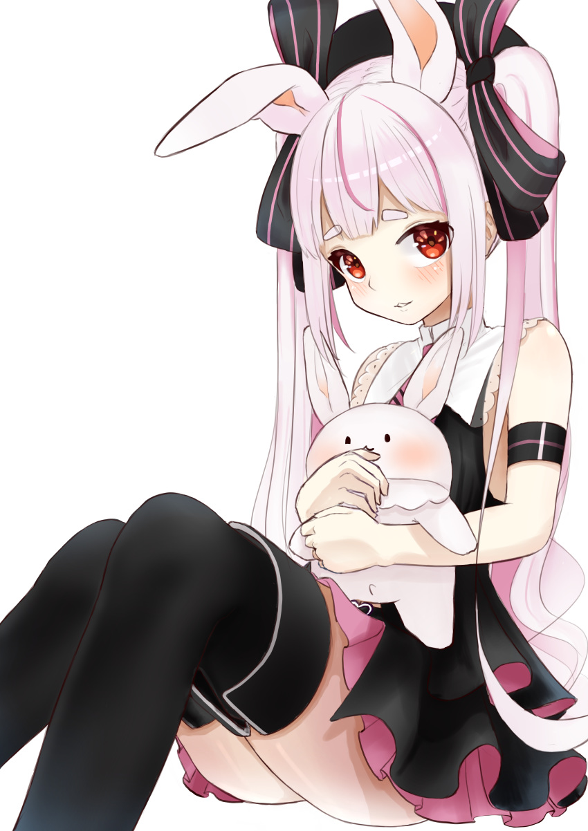 1girl absurdres animal_ears armband bangs black_bow black_dress black_legwear bow dress feet_out_of_frame hair_bow highres holding holding_stuffed_toy long_hair omochi_art753 rabbit_ears red_eyes simple_background sitting sleeveless solo stuffed_animal stuffed_bunny stuffed_toy thigh-highs tomari_mari tomari_mari_channel virtual_youtuber white_background white_hair