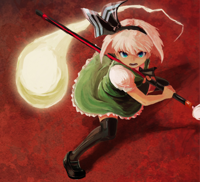 1girl ascot bangs black_footwear black_hairband black_legwear black_neckwear black_ribbon blue_eyes bob_cut collared_shirt commentary_request eyes fighting_stance frown full_body green_skirt green_vest hair_ribbon hairband hitodama holding holding_sheath holding_sword holding_weapon konpaku_youmu konpaku_youmu_(ghost) loafers looking_at_viewer puffy_short_sleeves puffy_sleeves rasetsu001 ready_to_draw red_background ribbon scabbard serious sheath sheathed shirt shoes short_hair short_sleeves skirt skirt_set solo spread_legs standing sword tassel thick_eyebrows thigh-highs touhou v-shaped_eyebrows vest weapon white_hair white_shirt zettai_ryouiki
