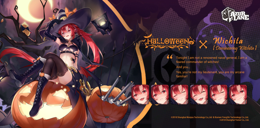 1girl alternate_costume azur_lane bangs bikini black_footwear boots breasts cape crossed_legs eagle_union_(emblem) elbow_gloves english_commentary english_text fangs ghost gloves hair_between_eyes halloween hand_on_headwear hat highres jack-o'-lantern kaede_(yumesaki_kaede) knee_boots lace-trimmed_legwear lace_trim large_breasts long_hair looking_at_viewer o-ring official_art open_mouth ponytail pun red_eyes redhead revealing_clothes shaded_face shorts swimsuit thigh-highs very_long_hair wichita_(azur_lane) wichita_(domineering_witchita)_(azur_lane) witch_hat