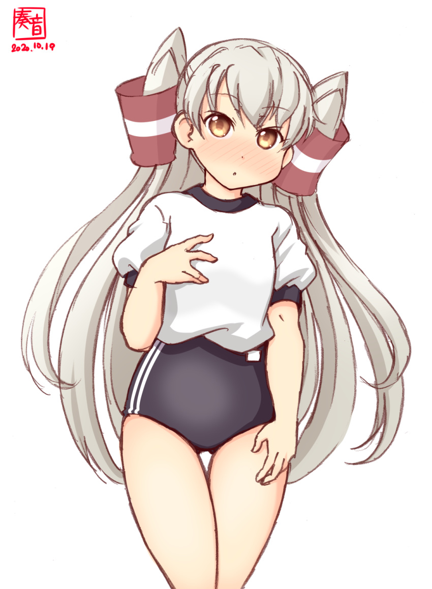 1girl alternate_costume amatsukaze_(kantai_collection) artist_logo ass_visible_through_thighs black_buruma buruma commentary_request cowboy_shot dated dress gym_shirt gym_uniform hair_tubes hand_on_own_chest highres kanon_(kurogane_knights) kantai_collection long_hair sailor_dress shirt silver_hair simple_background solo t-shirt thigh_gap two_side_up white_background white_shirt windsock