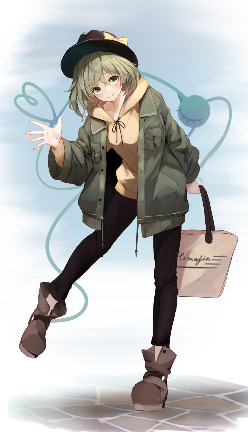 1girl absurdres adapted_costume black_headwear black_pants boots bow brown_footwear commentary_request contemporary full_body green_eyes green_hair green_jacket hand_up hat hat_bow heart heart_of_string highres homo_1121 jacket komeiji_koishi long_sleeves looking_at_viewer pants short_hair solo standing standing_on_one_leg third_eye touhou yellow_bow yellow_hoodie