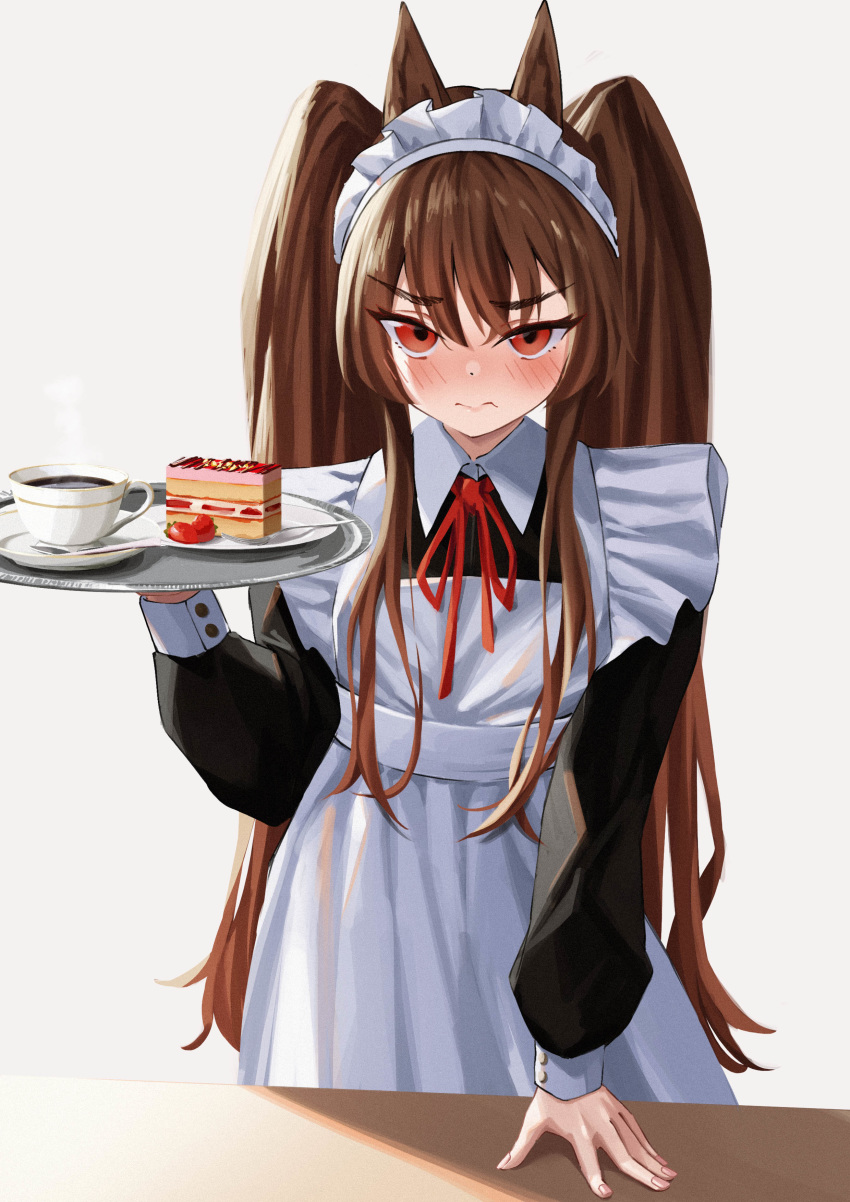 1girl absurdres angelina_(arknights) animal_ears apron arknights blush brown_hair cake cake_slice coffee coffee_cup cup disposable_cup food frown highres long_hair looking_at_viewer maid maid_apron maid_dress maid_headdress red_eyes reesen simple_background solo tea teacup twintails very_long_hair