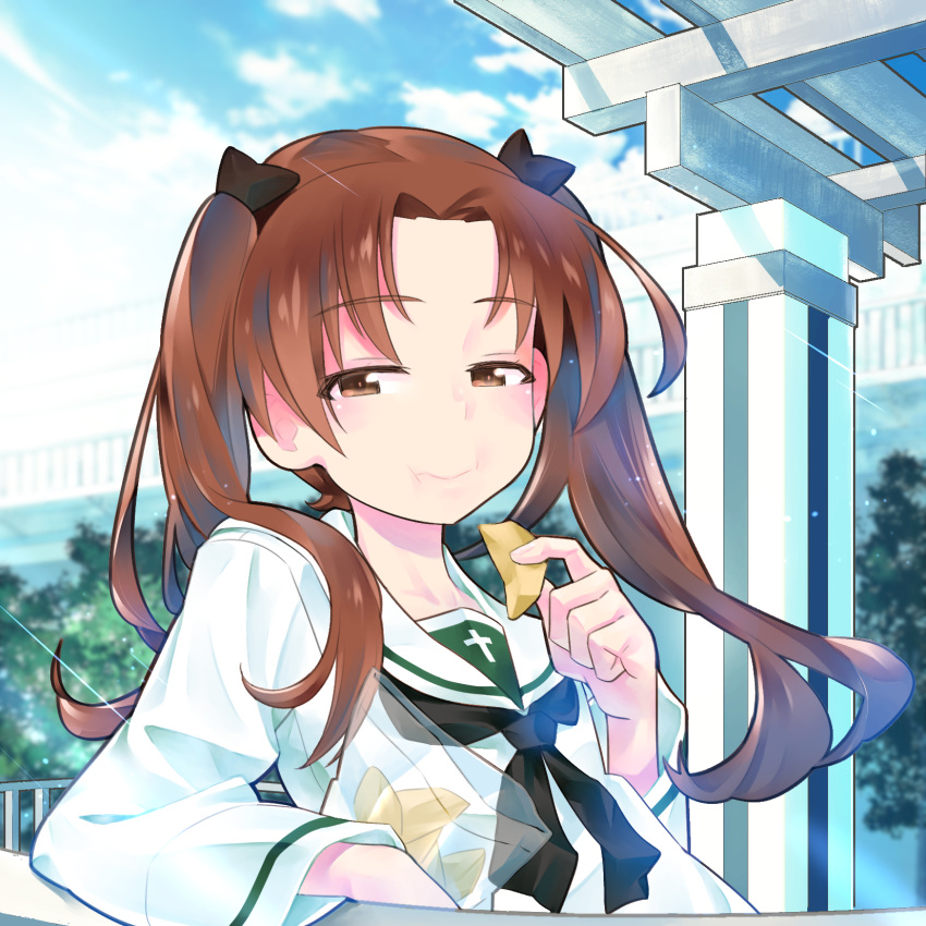 1girl :i bangs black_bow black_neckwear blouse blue_sky blurry blurry_background bored bow brown_eyes brown_hair chips closed_mouth clouds cloudy_sky day depth_of_field eating elbow_rest eyebrows_visible_through_hair food girls_und_panzer hair_bow half-closed_eyes highres holding holding_food inou_takashi kadotani_anzu light_particles long_hair long_sleeves looking_at_viewer neckerchief ooarai_school_uniform outdoors parted_bangs pavilion potato_chips sailor_collar school_uniform serafuku sky solo sunlight twintails white_blouse white_sailor_collar