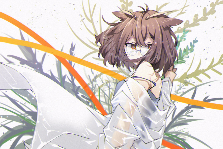 1girl arknights bangs brown_eyes brown_hair camisole coat eyebrows_visible_through_hair feather_hair glasses hair_between_eyes highres long_sleeves looking_at_viewer looking_back miyachi_(tanya_visha) owl_ears see-through short_hair silence_(arknights) solo spaghetti_strap strap_slip upper_body white_coat