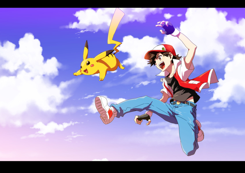 1boy badge baseball_cap belt belt_buckle black_gloves black_shirt brown_eyes brown_hair buckle clouds commentary_request day denim fingerless_gloves gen_1_pokemon gloves hat jacket jeans open_mouth outdoors pants pikachu pokemon pokemon_(creature) pokemon_(game) pokemon_rgby red_(pokemon) seijun shirt shoes short_sleeves sky smile teeth tongue white_footwear