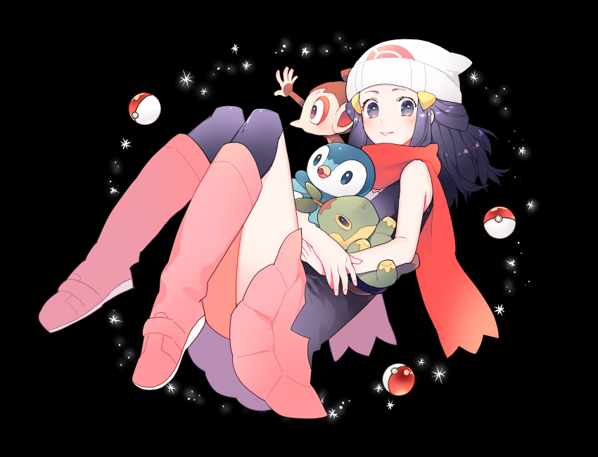 1girl bare_arms beanie black_hair black_legwear blush boots chimchar hikari_(pokemon) gen_4_pokemon gum_(gmng) hair_ornament hairclip hat highres holding looking_at_viewer over-kneehighs pink_footwear piplup poke_ball poke_ball_(basic) pokemon pokemon_(game) pokemon_dppt red_scarf scarf shiny shiny_hair smile symbol_commentary thigh-highs turtwig white_headwear