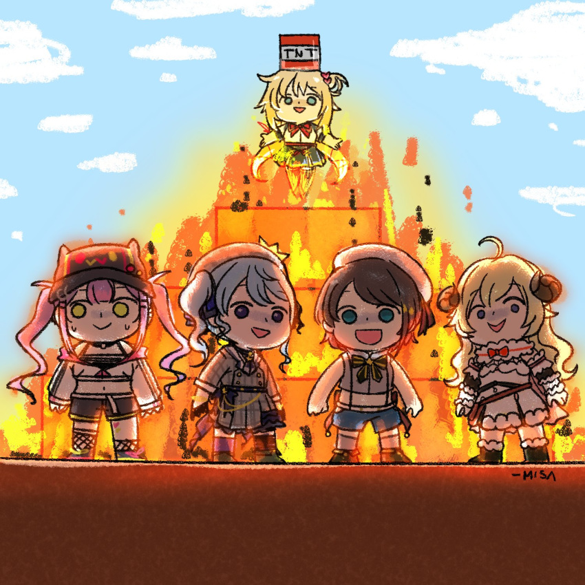 0w0 5girls :d ahoge akai_haato animal_ears artist_name backlighting bag belt beret bibi_(tokoyami_towa) black_hair black_shorts blonde_hair blue_eyes blue_hair blue_shorts blue_sky bow bowtie brown_belt burning cape chibi clouds commentary_request cropped_jacket crown day demon_girl dress fire fishnet_legwear fishnets full_body fur-trimmed_cape fur-trimmed_dress fur_trim green_eyes grey_dress hat highres hololive horns hoshimachi_suisei long_hair minecraft mini_crown multiple_girls official_alternate_costume oozora_subaru open_mouth outdoors outstretched_arms plaid plaid_dress purple_hair red_bow red_neckwear ringlets sheep_ears sheep_girl sheep_horns short_hair shorts side_ponytail signature sky smile smoke standing suspender_shorts suspenders tnt tokoyami_towa tsunomaki_watame turn_pale twintails virtual_youtuber wakatsuki_misato white_dress