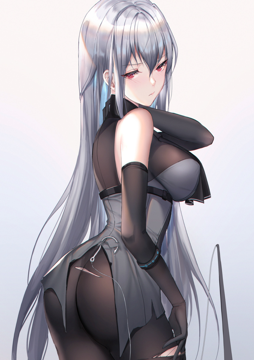 1girl arknights ass back bangs bare_shoulders black_dress black_gloves blush breasts dress elbow_gloves gloves gradient gradient_background grey_background highres kernel_killer large_breasts long_hair looking_at_viewer looking_back red_eyes silver_hair skadi_(arknights)