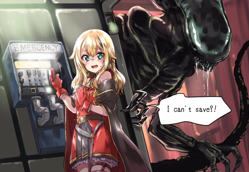 1girl alien alien_(movie) blonde_hair blush cape commission drooling english_text green_eyes highres hoshino_char kuroi_mimei looking_at_viewer open_mouth phone scared sharp_teeth skeb_commission speech_bubble teeth tsunderia virtual_youtuber xenomorph