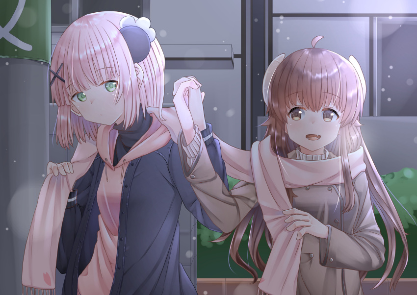 2girls absurdres ahoge blush brown_eyes brown_hair chiyoda_momo coat curled_horns demon_girl demon_horns eyebrows_visible_through_hair hair_ornament hairclip highres horns long_hair machikado_mazoku multiple_girls nekubi0824 open_mouth pink_hair scarf shiny shiny_hair short_hair winter_clothes winter_coat yoshida_yuuko_(machikado_mazoku) yuri