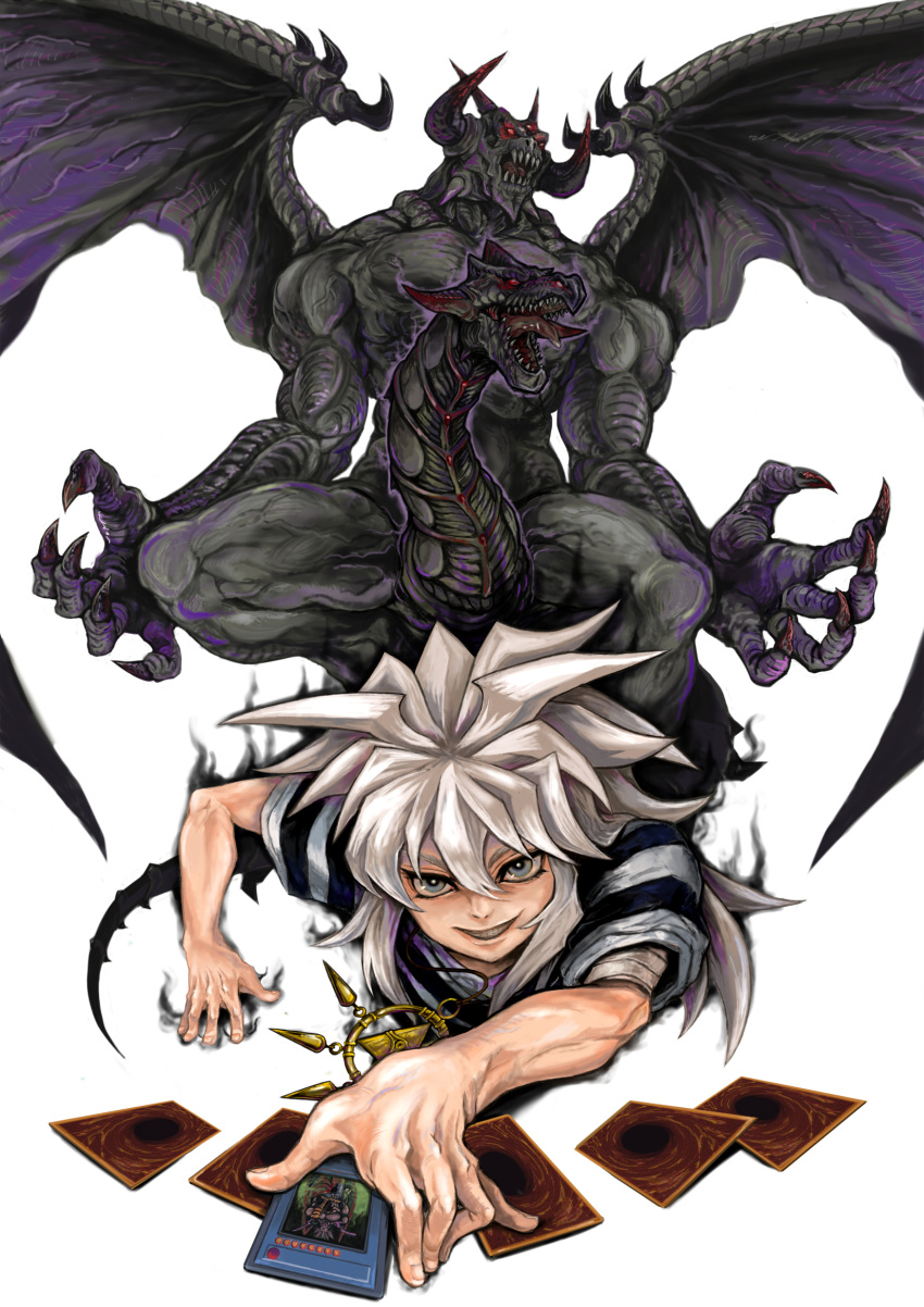 1boy aura card chinchira claws dark_master_-_zorc dragon duel_monster highres holding holding_card horns jewelry long_hair male_focus millennium_ring monster necklace open_mouth red_eyes shirt silver_hair smile spiky_hair striped striped_shirt teeth tongue tongue_out veins white_background white_eyes wings yami_bakura yu-gi-oh! yu-gi-oh!_duel_monsters zorc_necrophades
