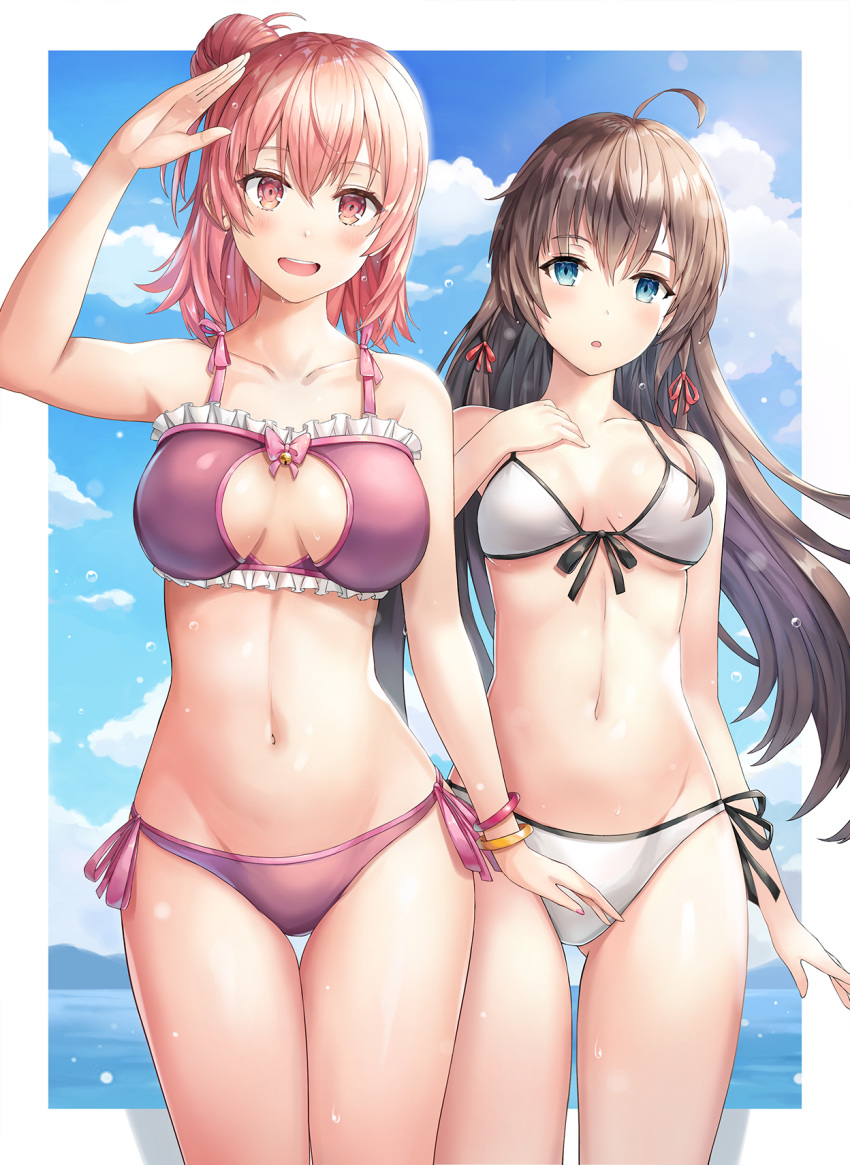 2girls :d :o ahoge arm_at_side arm_up bangs bare_thighs bikini black_hair blue_eyes blue_sky border bracelet breasts cleavage_cutout clothing_cutout clouds collarbone eyebrows_visible_through_hair fishking hair_bun hair_ribbon highres jewelry long_hair medium_breasts medium_hair mountainous_horizon multiple_girls navel ocean open_mouth purple_bikini red_eyes redhead revision ribbon side-tie_bikini sky small_breasts smile standing swimsuit upper_teeth white_bikini white_border yahari_ore_no_seishun_lovecome_wa_machigatteiru. yuigahama_yui yukinoshita_yukino