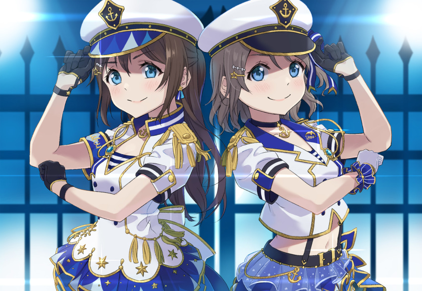 &gt;:) 2girls aiguillette anchor_necklace anchor_symbol arm_up black_gloves blue_eyes blue_skirt brown_hair choker clenched_hand closed_mouth cowboy_shot cropped_jacket determined earrings epaulettes eyelashes fringe_trim gloves hair_ornament hairclip half_gloves hat highres jacket jewelry light_blush lipstick looking_at_viewer love_live! love_live!_nijigasaki_high_school_idol_club love_live!_school_idol_festival_all_stars love_live!_sunshine!! makeup multiple_girls nib_pen_(medium) oitsuki_(getsumen_diver) ousaka_shizuku overskirt sailor_hat short_sleeves skirt smile star_(symbol) star_hair_ornament suspenders traditional_media uniform upper_body v-shaped_eyebrows watanabe_you white_jacket