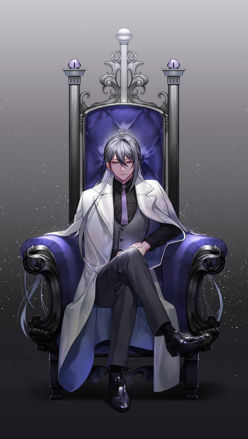 1boy absurdres ahoge armchair bangs black_footwear black_legwear black_shirt blue_eyes chair coat collared_shirt crossed_legs full_body grey_background grey_pants hair_between_eyes highres hypnosis_mic jinguuji_jakurai long_hair long_sleeves looking_at_viewer male_focus moona_59 necktie pants purple_neckwear shirt shoes sitting socks solo sweater_vest very_long_hair white_coat