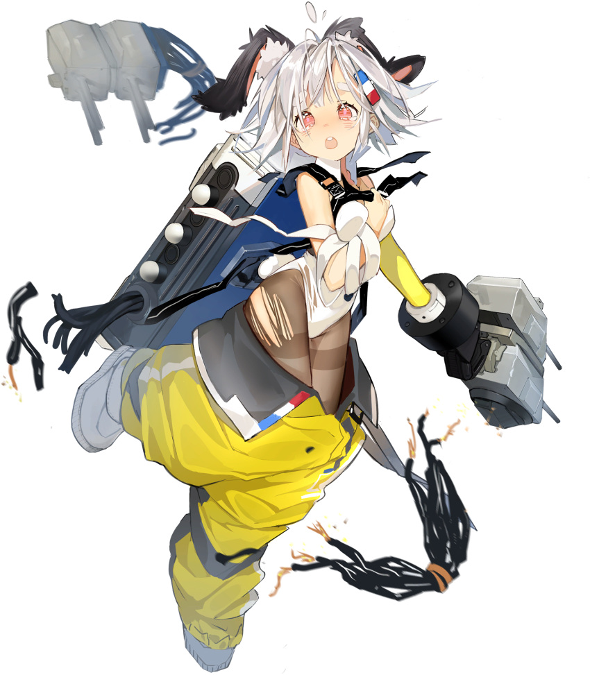 1girl animal_ear_fluff animal_ears artist_request asymmetrical_clothes bandaged_arm bandages bangs blue_oath blush bodysuit breasts bunny_tail covering covering_breasts damaged elbow_gloves formal gloves grey_hair hair_ornament hairclip highres jumpsuit leotard official_art open_mouth overalls pant_suit pants pantyhose rabbit_ears red_eyes rigging short_eyebrows short_hair single_elbow_glove single_glove small_breasts solo suit tail tears thick_eyebrows thighband_pantyhose torn_clothes torn_legwear transparent_background upper_teeth volta_(blue_oath) white_footwear white_leotard wire yellow_gloves
