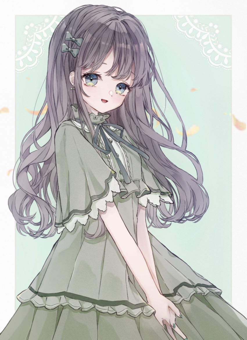 1girl :d absurdres bow brown_hair dress green_background green_bow green_dress green_eyes green_nails hair_bow hands_together highres long_hair looking_at_viewer open_mouth original simple_background smile solo standing yuni_0205