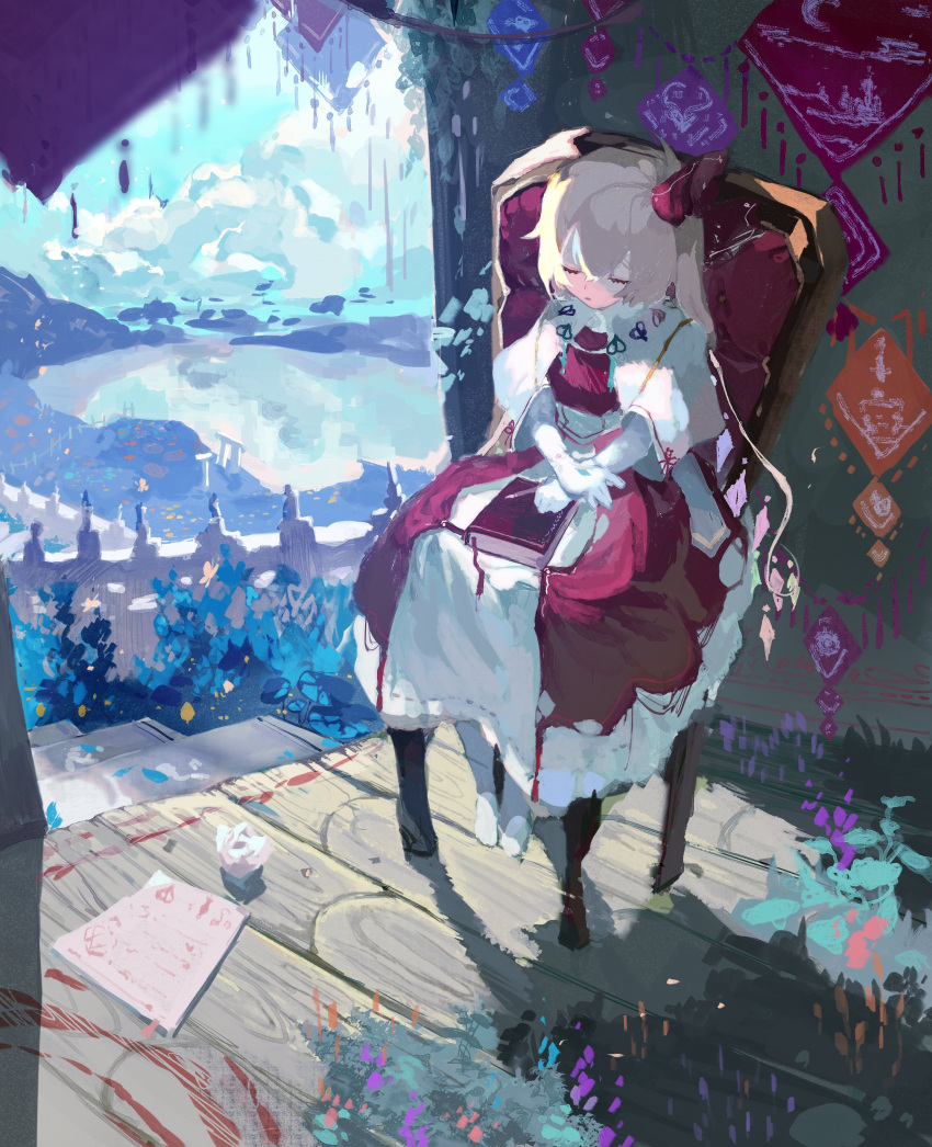 1girl absurdres adapted_costume blonde_hair book book_on_lap bow bug butterfly closed_eyes commentary_request crystal dress elbow_gloves fence flandre_scarlet garden gloves hair_bow highres insect kusariuta lake long_hair on_chair pantyhose red_bow red_dress short_sleeves side_ponytail sitting solo stairs touhou white_dress white_gloves white_legwear wide_sleeves wings